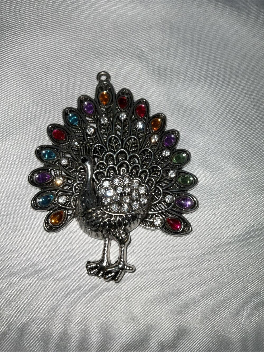 LARGE PEACOCK SILVER TONE MULTICOLOR RHINESTONE PENDANT NECKLACE